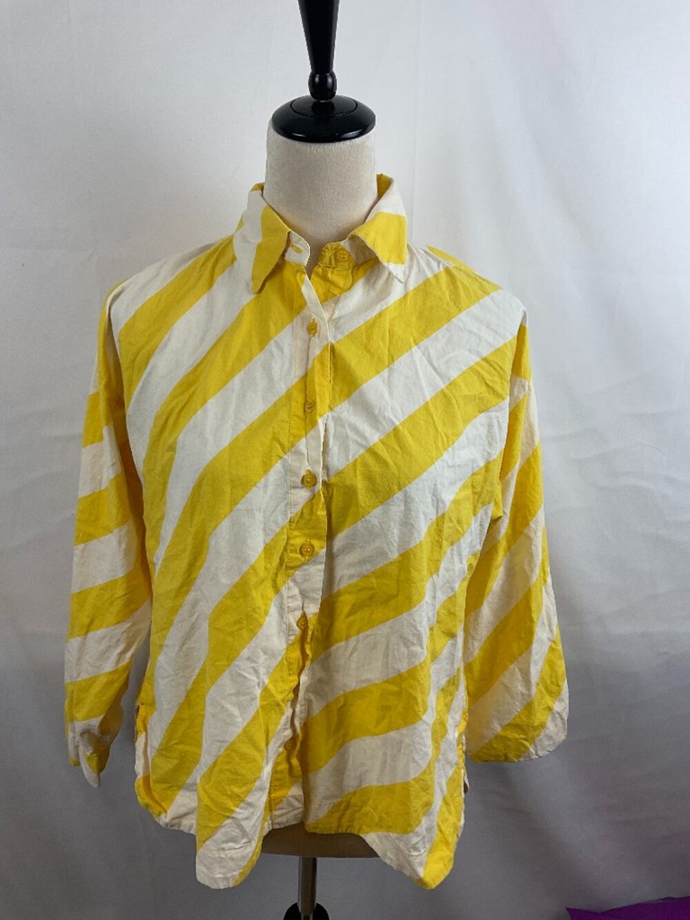 Compania Fantastica Blouse US S White Yellow Stripe Button Front Long Sleeve